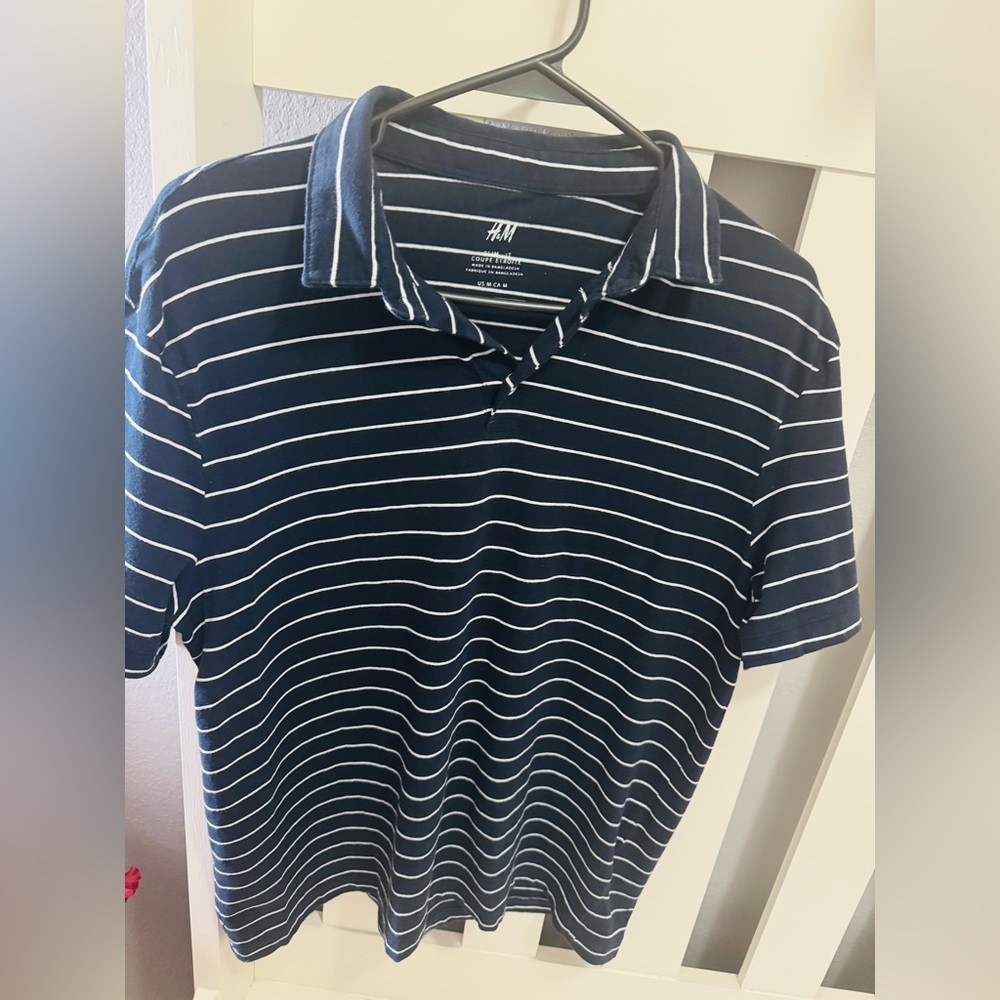 H&M Men's Navy Polo with White Stripes